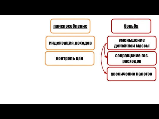 приспособление борьба индексация доходов контроль цен уменьшение денежной массы сокращение гос. расходов увеличение налогов