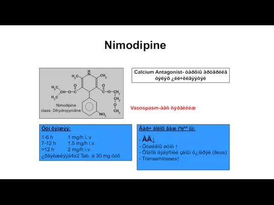 Nimodipine Calcium Antagonist- òàðõíû àðòåðèéã òýëýõ ¿éë÷èëãýýòýé Vasospasm-ààñ ñýðãèéëæ Òóí õýìæýý: 1-6