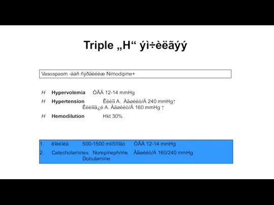 Triple „H“ ýì÷èëãýý Vasospasm -ààñ ñýðãèéëæ Nimodipine+ H Hypervolemia ÒÂÄ 12-14 mmHg