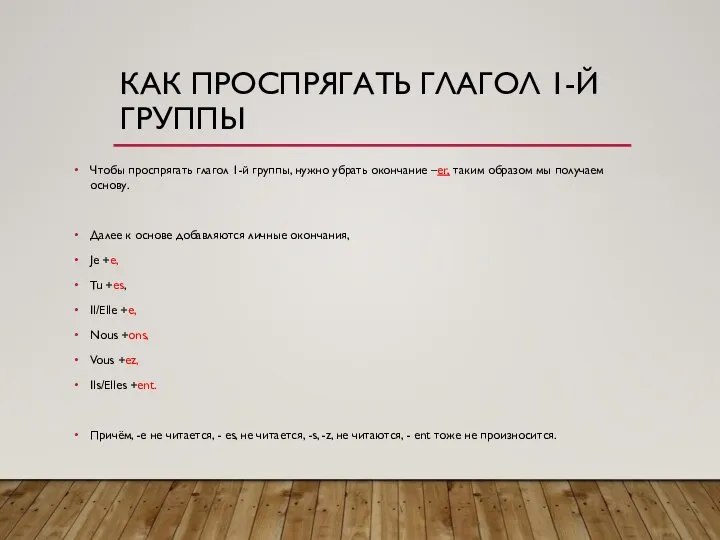 КАК ПРОСПРЯГАТЬ ГЛАГОЛ 1-Й ГРУППЫ Чтобы проспрягать глагол 1-й группы, нужно убрать