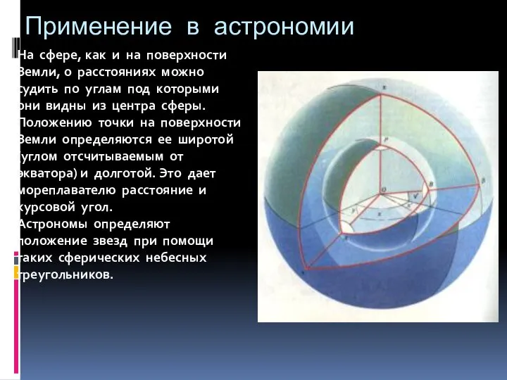 Применение в астрономии На сфере, как и на поверхности Земли, о расстояниях