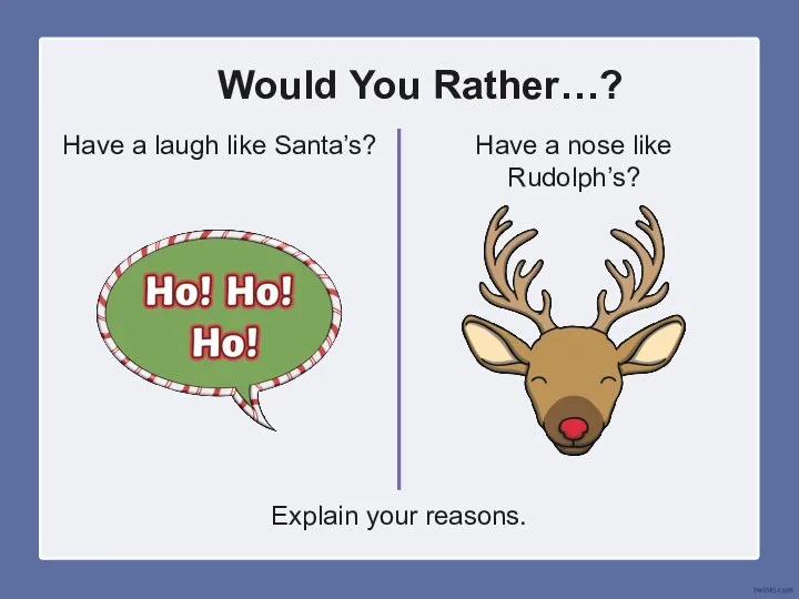 Would You Rather…? Have a laugh like Santa’s? Have a nose like Rudolph’s? Explain your reasons.
