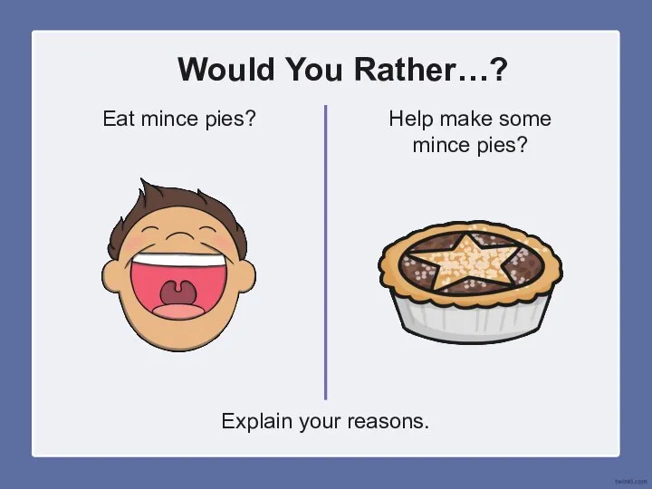 Would You Rather…? Eat mince pies? Help make some mince pies? Explain your reasons.