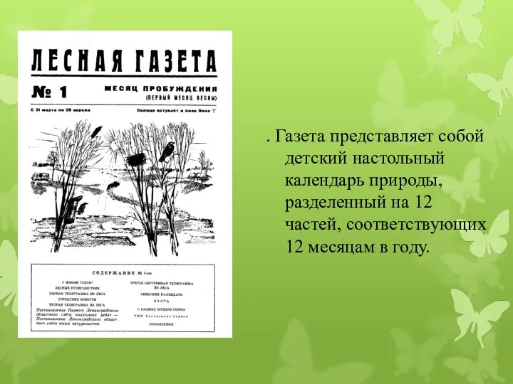 . Газета представляет собой детский настольный календарь природы, разделенный на 12 частей,