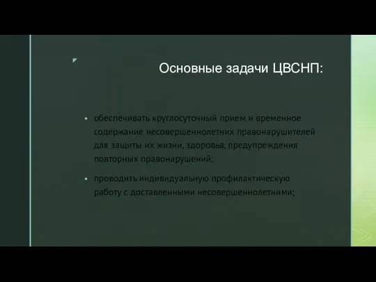 Основные задачи ЦВСНП: обеспечивать круглосуточный прием и временное содержание несовершеннолетних правонарушителей для