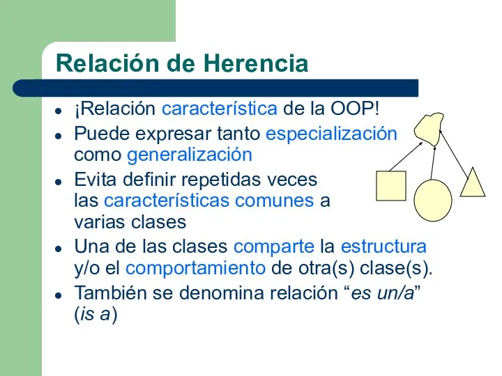 Relación de Herencia ¡Relación característica de la OOP! Puede expresar tanto especialización