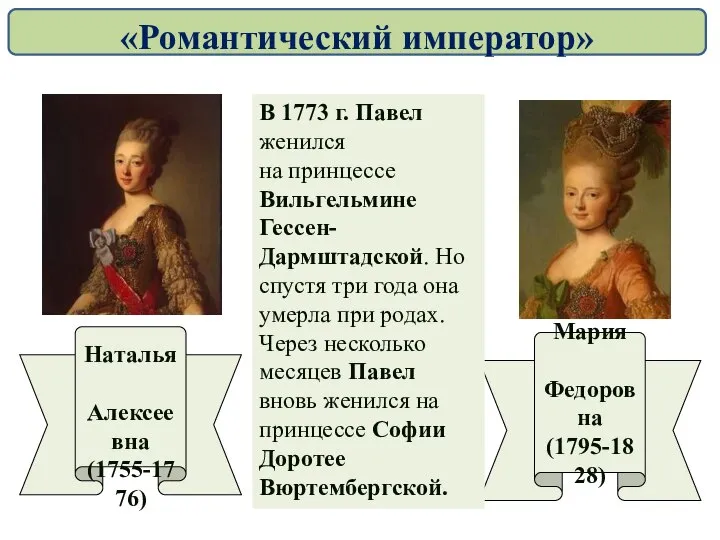Наталья Алексеевна (1755-1776) Мария Федоровна (1795-1828) В 1773 г. Павел женился на