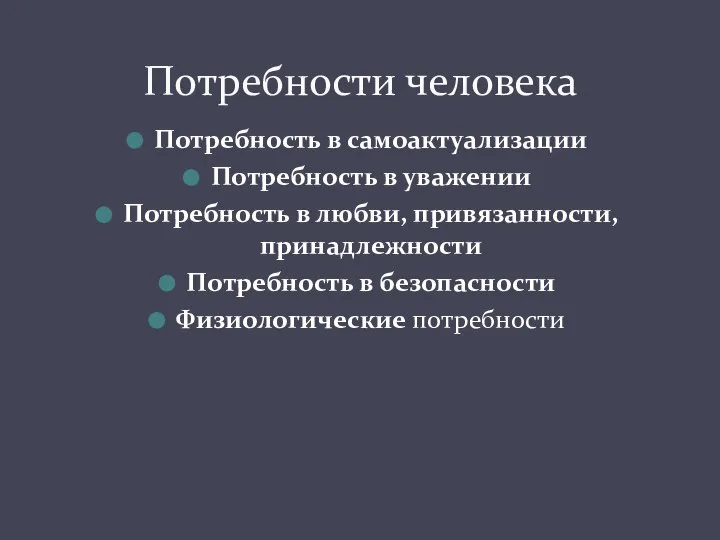 Потребность в самоактуализации Потребность в уважении Потребность в любви, привязанности, принадлежности Потребность