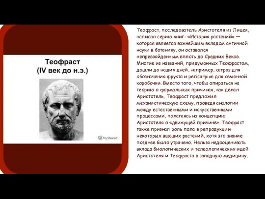 Теофраст, последователь Аристотеля из Лицея, написал серию книг- «История растений» — которая