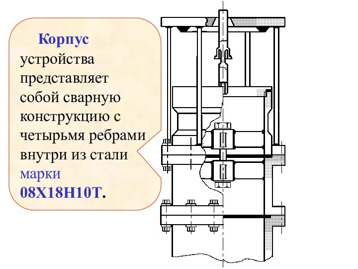 Корпус устройства представляет собой сварную конструкцию с четырьмя ребрами внутри из стали марки 08Х18Н10Т.