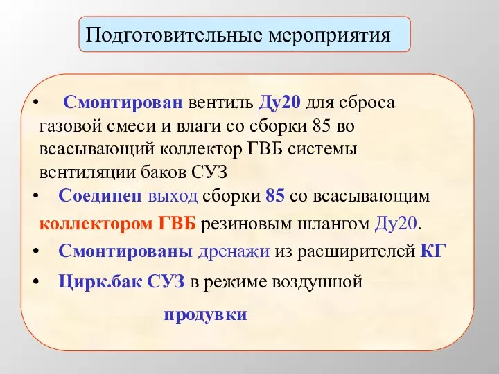 Подготовительные мероприятия Смонтирован вентиль Ду20 для сброса газовой смеси и влаги со