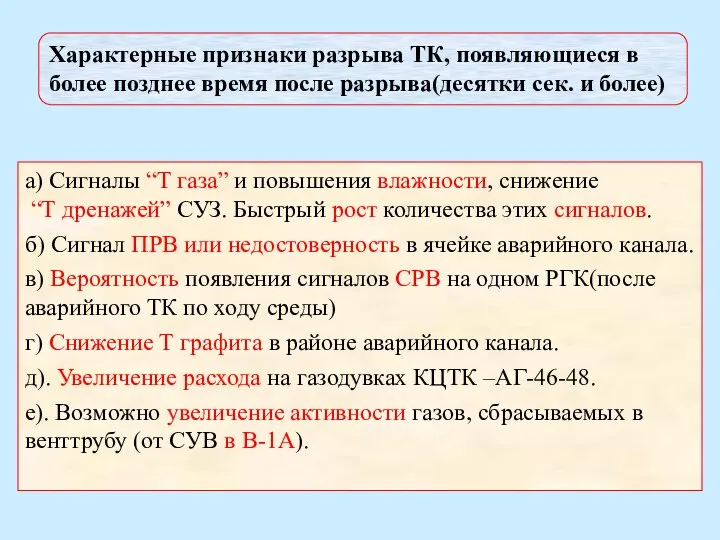 а) Сигналы “Т газа” и повышения влажности, снижение “Т дренажей” СУЗ. Быстрый