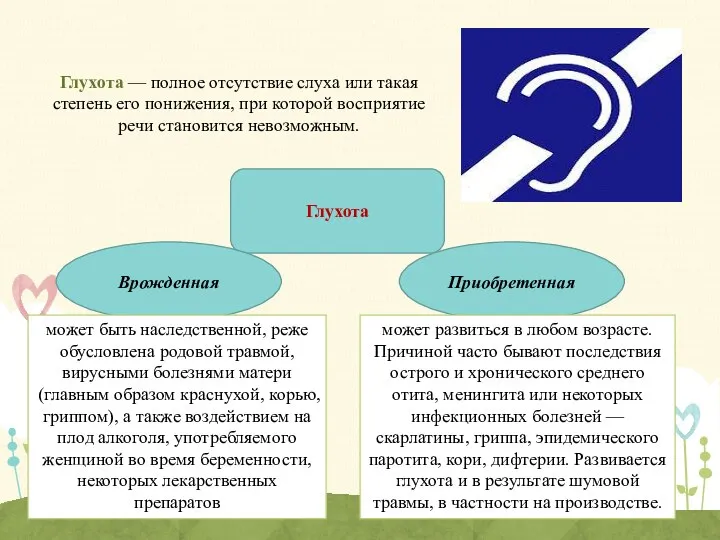 Глухота — полное отсутствие слуха или такая степень его понижения, при которой