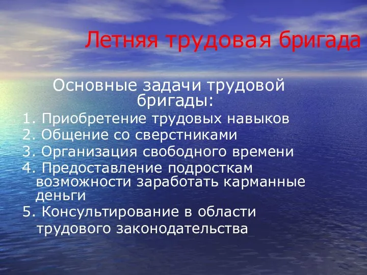 Летняя трудовая бригада Основные задачи трудовой бригады: 1. Приобретение трудовых навыков 2.