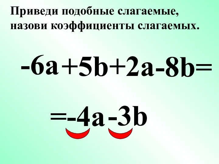-6a +5b +2a -8b =-4a -3b Приведи подобные слагаемые, назови коэффициенты слагаемых. =