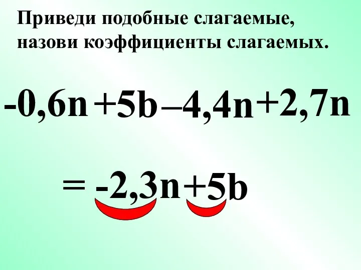 -0,6n +5b +2,7n = -2,3n +5b –4,4n Приведи подобные слагаемые, назови коэффициенты слагаемых.