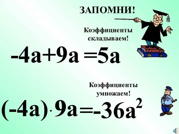 ЗАПОМНИ! -4a+9a (-4a) 9a 9 9 -4 -4 + =5a Коэффициенты складываем! =-36a Коэффициенты умножаем! 2