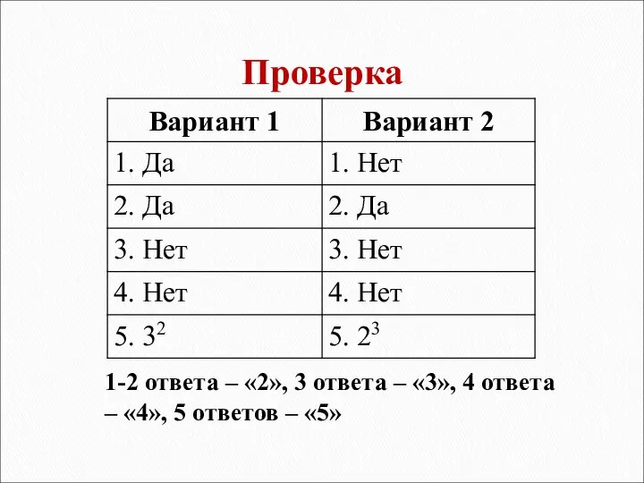 Проверка 1-2 ответа – «2», 3 ответа – «3», 4 ответа –