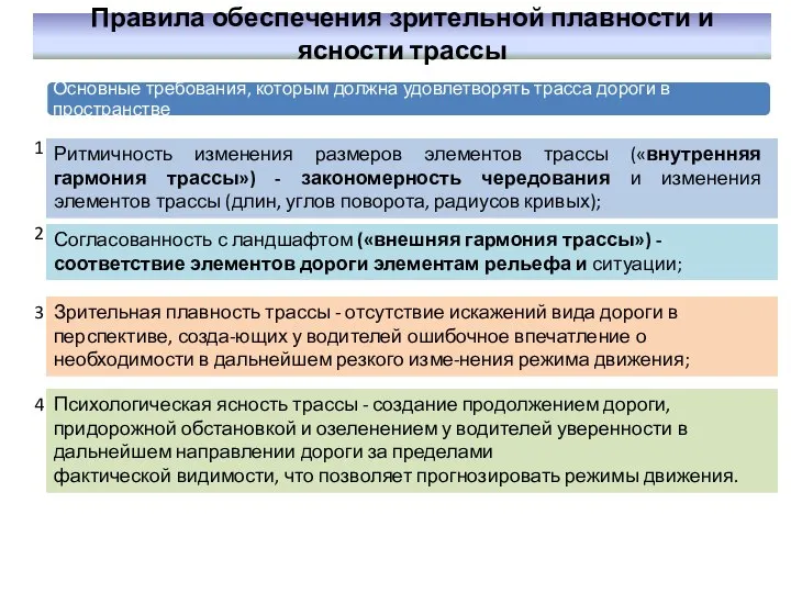 Правила обеспечения зрительной плавности и ясности трассы Ритмичность изменения размеров элементов трассы