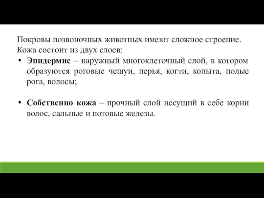 Покровы позвоночных животных имеют сложное строение. Кожа состоит из двух слоев: Эпидермис