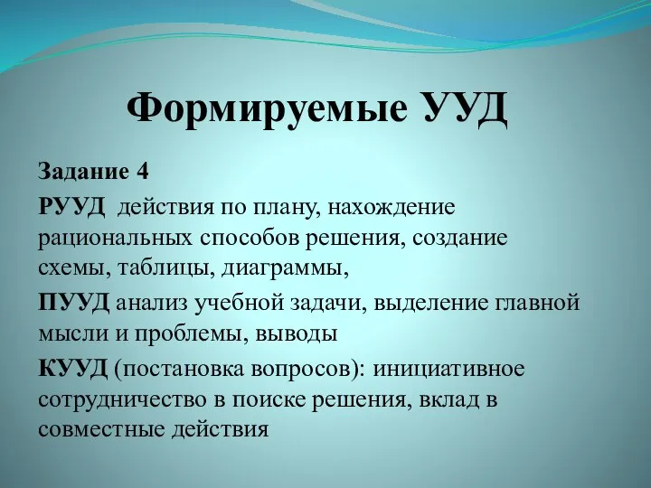 Формируемые УУД Задание 4 РУУД действия по плану, нахождение рациональных способов решения,