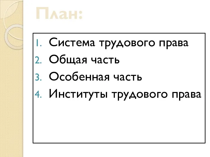 План: Система трудового права Общая часть Особенная часть Институты трудового права