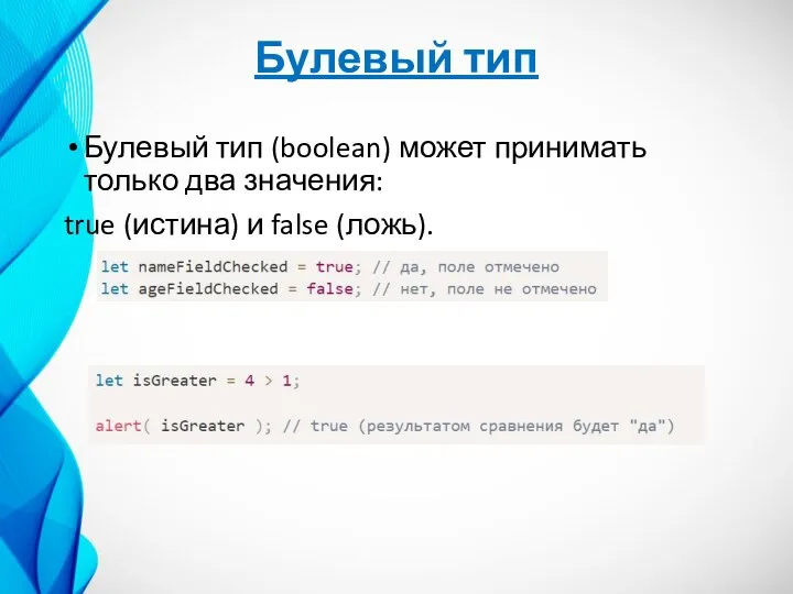 Булевый тип Булевый тип (boolean) может принимать только два значения: true (истина) и false (ложь).