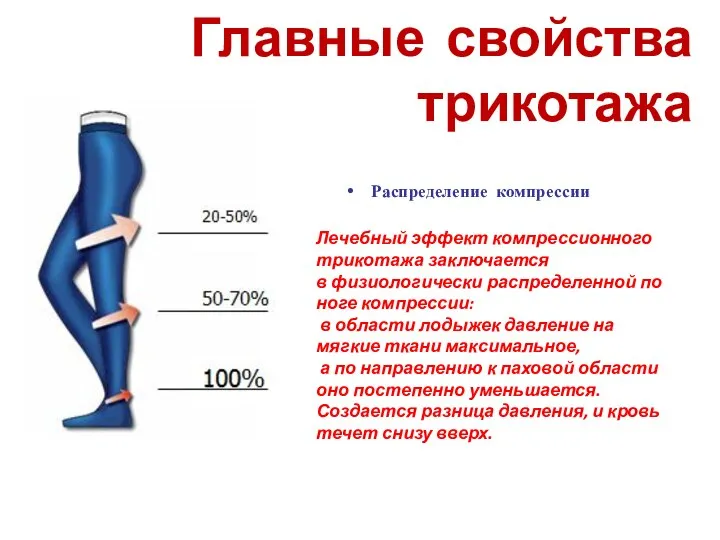 Главные свойства трикотажа Распределение компрессии Лечебный эффект компрессионного трикотажа заключается в физиологически