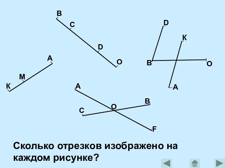 Сколько отрезков изображено на каждом рисунке? К М А В С D