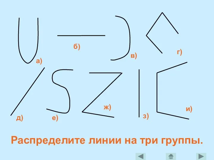 а) б) в) г) д) е) ж) з) и) Распределите линии на три группы.