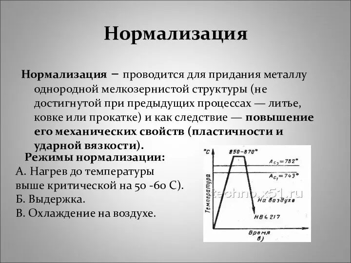 Нормализация Нормализация – проводится для придания металлу однородной мелкозернистой структуры (не достигнутой