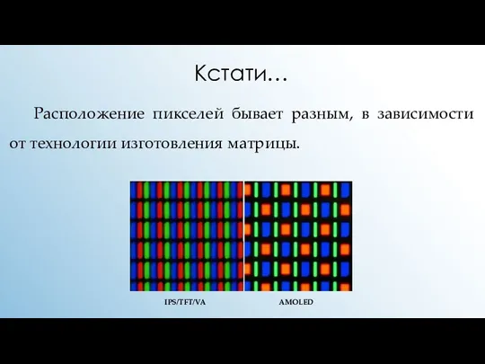 Кстати… Расположение пикселей бывает разным, в зависимости от технологии изготовления матрицы. IPS/TFT/VA AMOLED