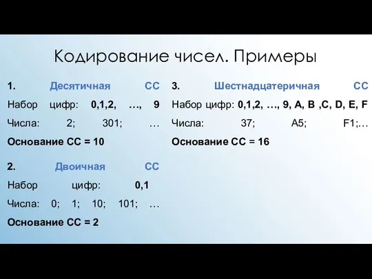 Кодирование чисел. Примеры 1. Десятичная СС Набор цифр: 0,1,2, …, 9 Числа: