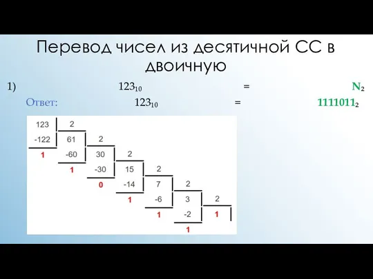 Перевод чисел из десятичной СС в двоичную 1) 123₁₀ = N₂ Ответ: 123₁₀ = ‭1111011‬₂