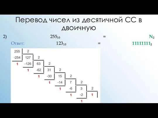 Перевод чисел из десятичной СС в двоичную 2) 255₁₀ = N₂ Ответ: 123₁₀ = ‭11111111‬₂