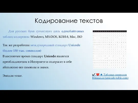 Кодирование текстов Для русских букв существует пять однобайтовых таблиц кодировок: Windows, MS-DOS,