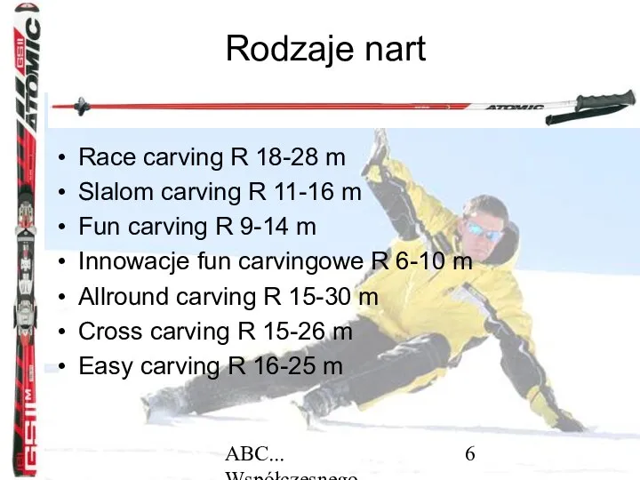 ABC... Współczesnego narciarstwa Rodzaje nart Race carving R 18-28 m Slalom carving