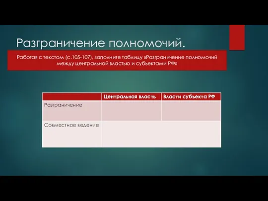 Разграничение полномочий. Работая с текстом (с.105-107), заполните таблицу «Разграничение полномочий между центральной властью и субъектами РФ»