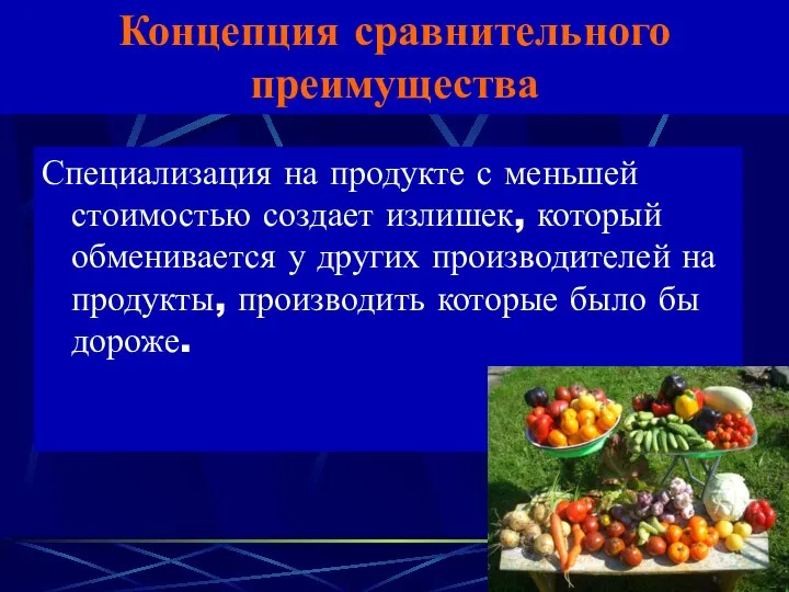 Концепция сравнительного преимущества Специализация на продукте с меньшей стоимостью создает излишек, который