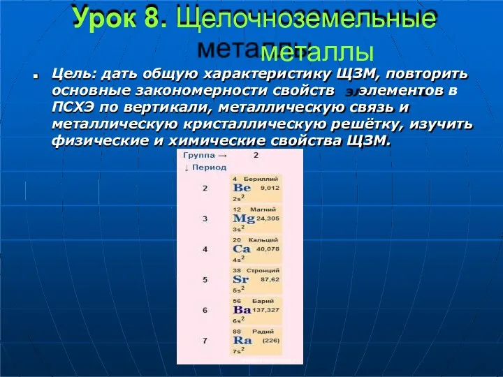 Урок 8. Щелочноземельные металлы ◼ Цель: дать общую характеристику ЩЗМ, повторить основные