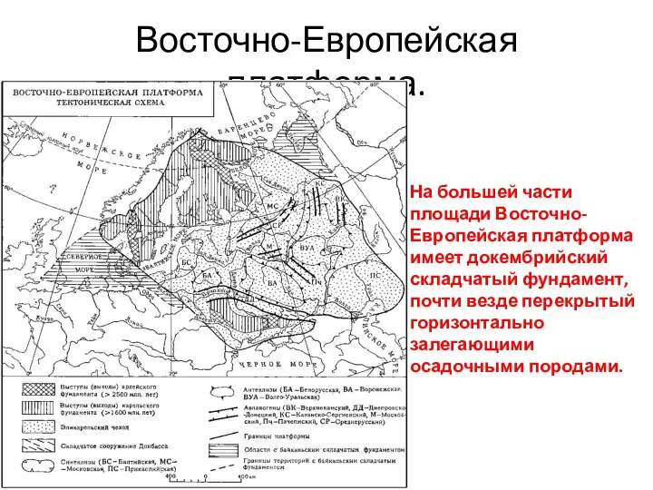 Восточно-Европейская платформа. На большей части площади Восточно-Европейская платформа имеет докембрийский складчатый фундамент,