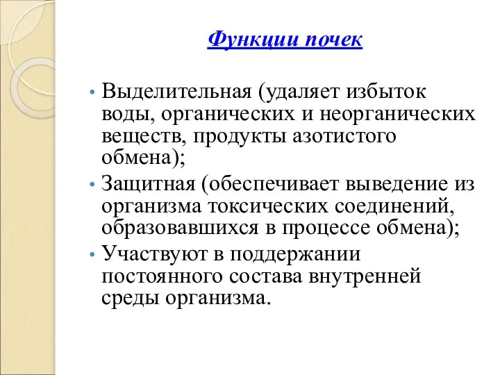 Функции почек Выделительная (удаляет избыток воды, органических и неорганических веществ, продукты азотистого