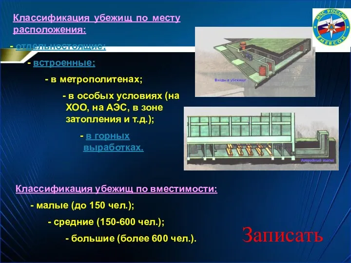 Классификация убежищ по месту расположения: отдельностоящие; встроенные; в метрополитенах; в особых условиях