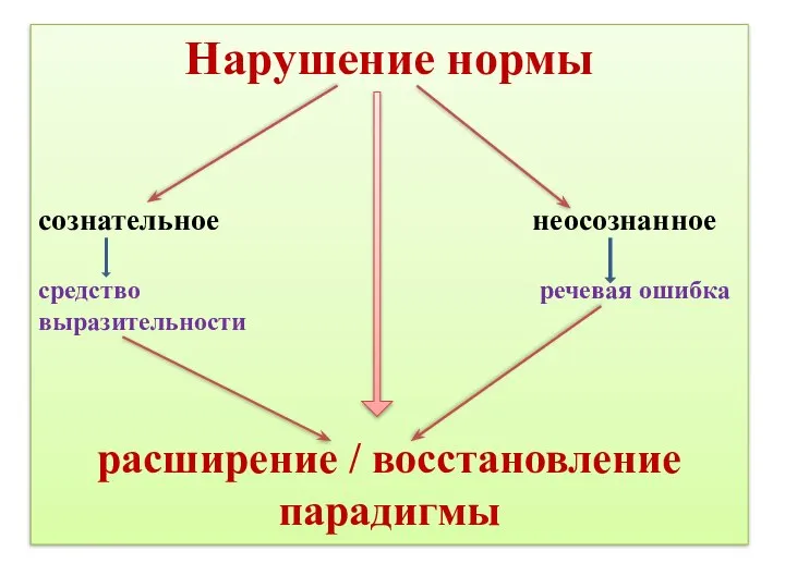 Нарушение нормы сознательное неосознанное средство речевая ошибка выразительности расширение / восстановление парадигмы