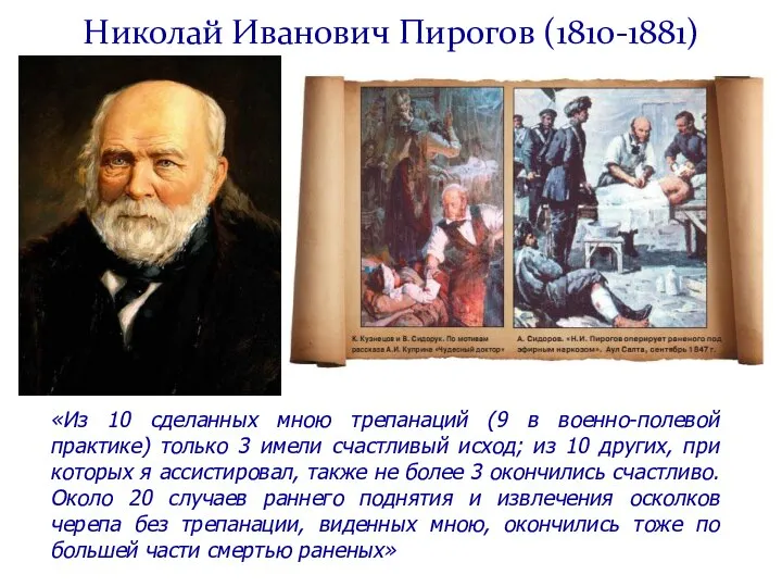 Николай Иванович Пирогов (1810-1881) «Из 10 сделанных мною трепанаций (9 в военно-полевой