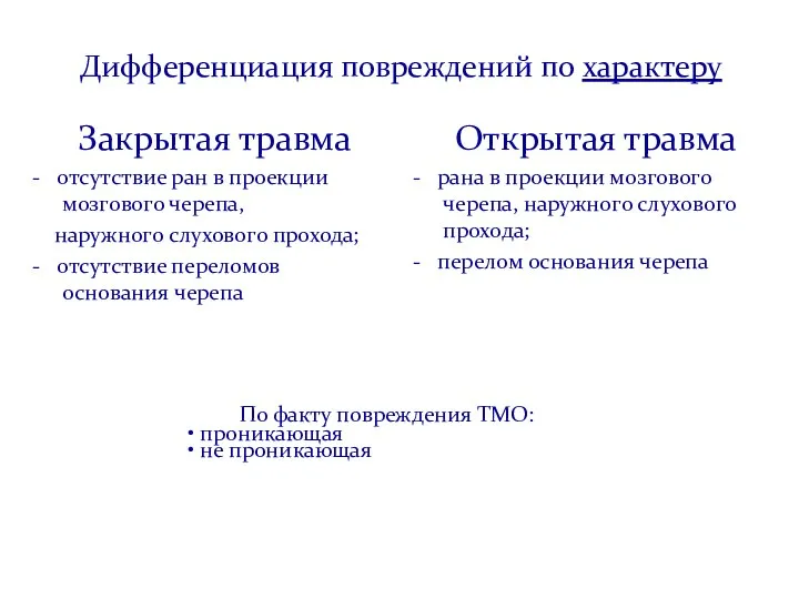 Дифференциация повреждений по характеру Открытая травма - рана в проекции мозгового черепа,