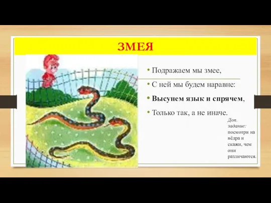 ЗМЕЯ Подражаем мы змее, С ней мы будем наравне: Высунем язык и