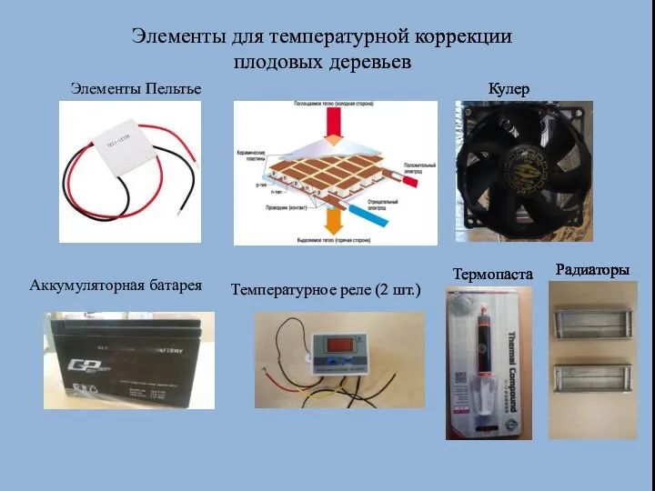 Элементы для температурной коррекции плодовых деревьев Элементы Пельтье Аккумуляторная батарея Температурное реле