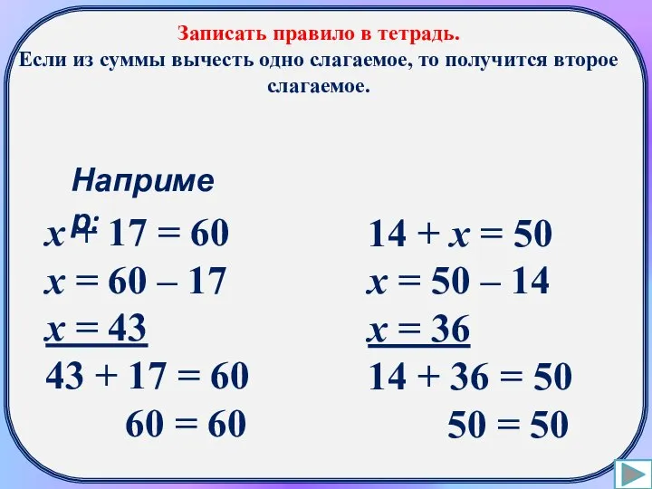 Записать правило в тетрадь. Если из суммы вычесть одно слагаемое, то получится