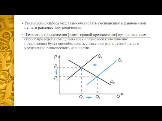 Уменьшение спроса будет способствовать уменьшению и равновесной цены, и равновесного количества Изменение